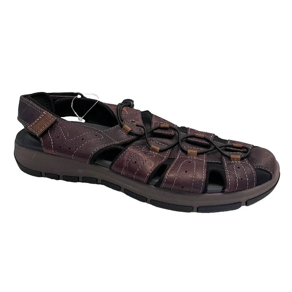 New CLARK'S Sz 13 Brixby Cove Dark Brown Leather Fisherman Sandals Pls Read Flaw